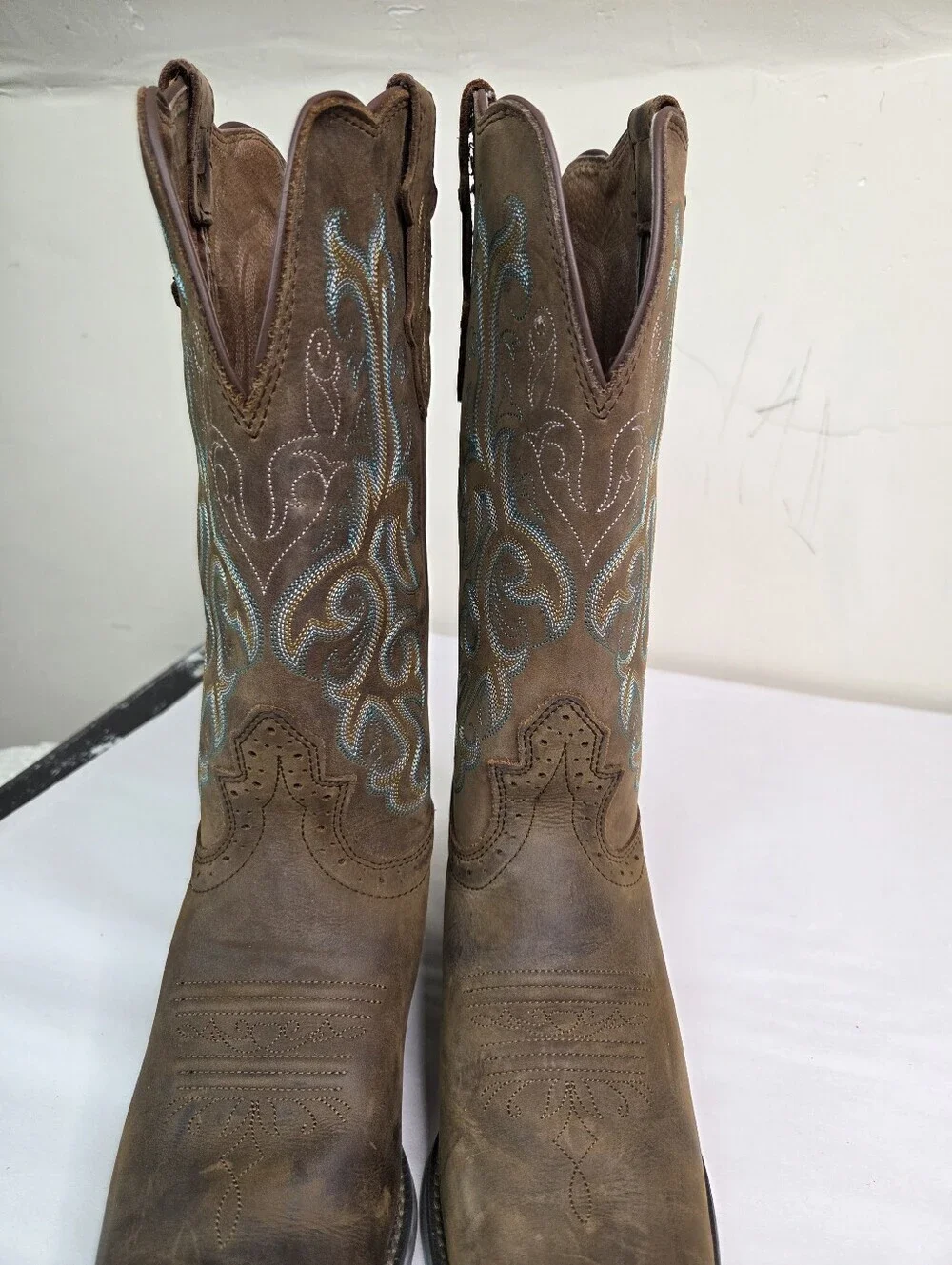 Justin Boots Brown Leather Western Cowboy Boots Embroidered Square Toe  8.5B